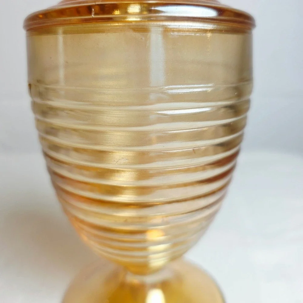 Vintage Marigold Carnival Glass Ribbed Beehive Lidded Candy Dish Footed Jar MCM